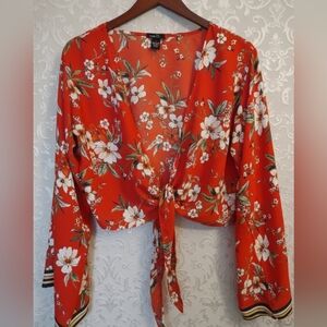 Rue21 Floral Tie-Front Crop Blouse Orange Bell Sleeve Large